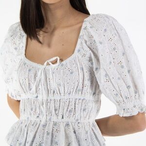 Guess White Eyelet Puff Sleeve Blouse Sz M